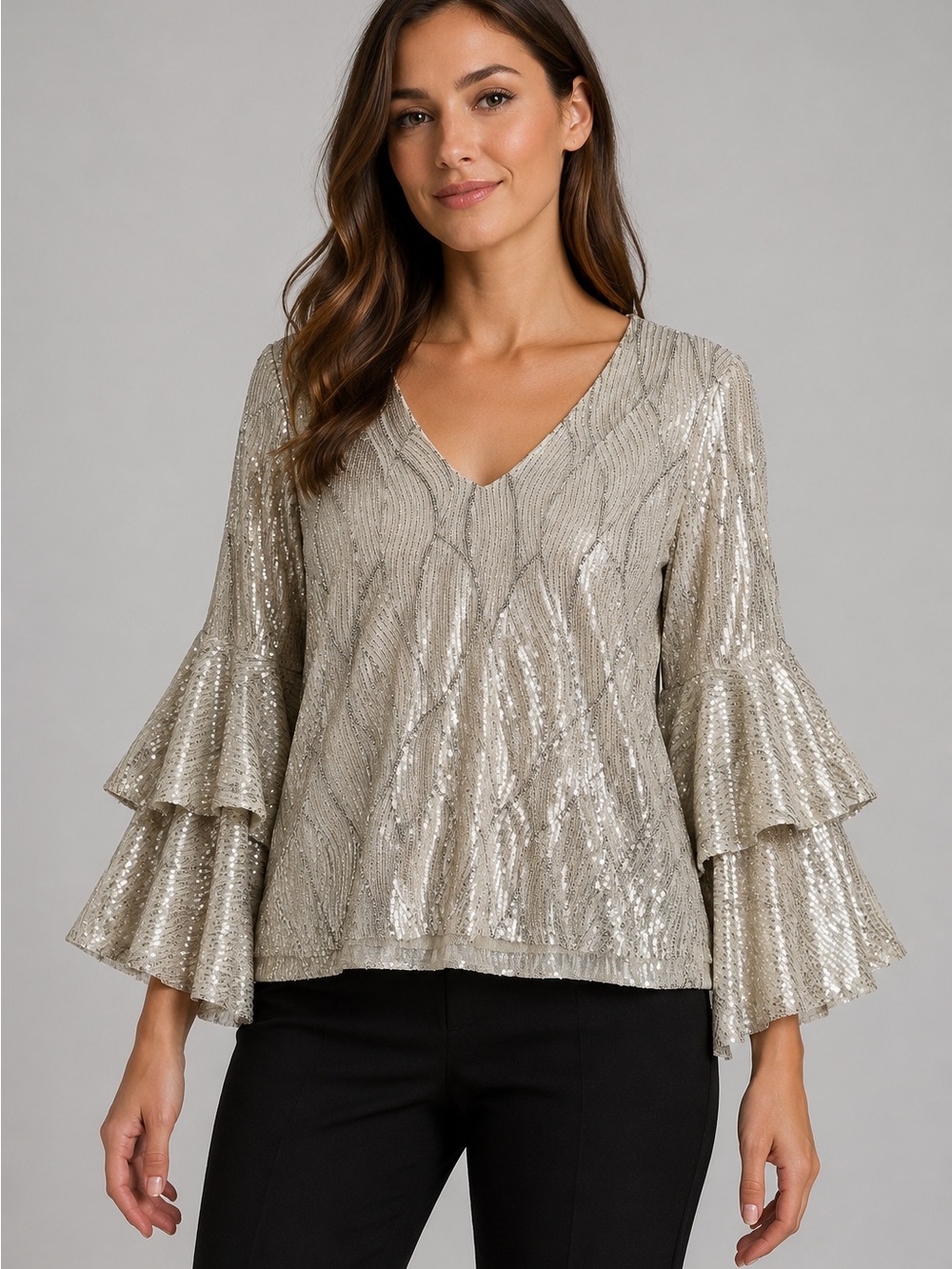 Metallic Silver Sequin V-Neck Bell Sleeve Top
